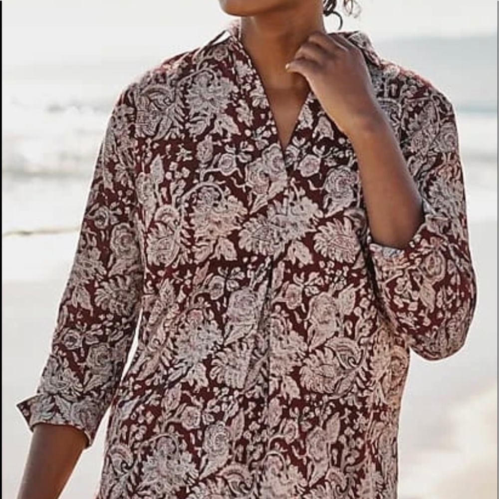 Pure J.Jill Kalamkari Tunic - Burgundy Ikat V-Neck Popover Blouse Shirt